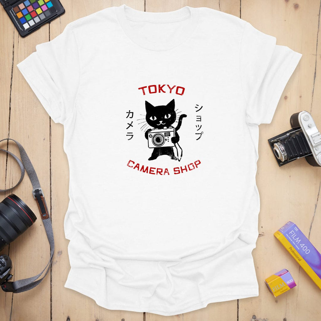T-Shirt With Retro Tokyo Cat And Camera Print