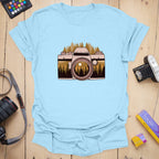 T-Shirt With Vintage Camera And Mountain Adventure Design