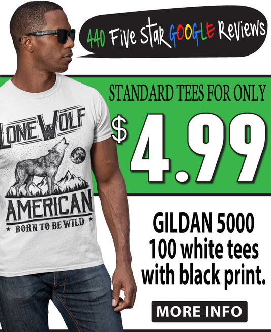 100 White Gildan Shirts for $499.00