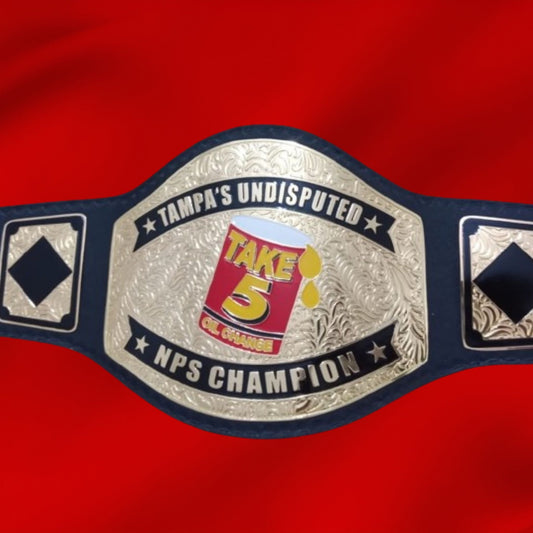 Custom Name and Take 5 Oil Change Can Logo Wrestling Championship Belt