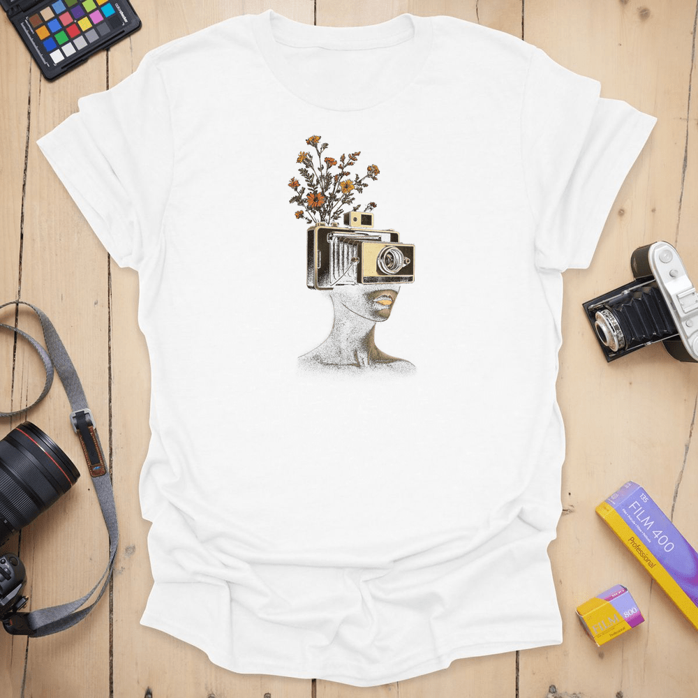 T-Shirt With Vintage Camera And Surreal Floral Art