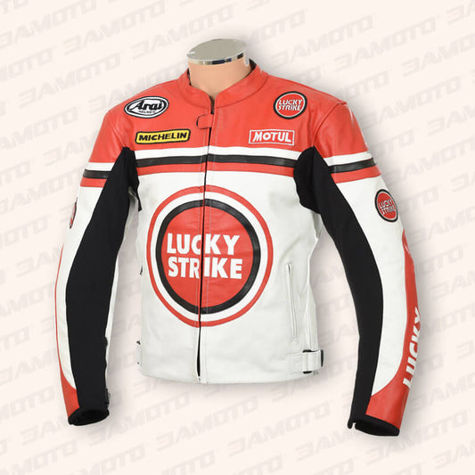 White & Red Lucky Strike Leather Biker Jacket