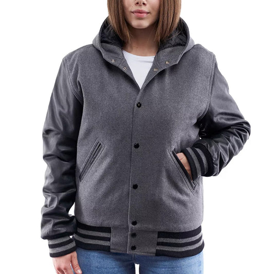 Womens Light Oxford Wool Body & Black Sleeves Hoodie Letterman Jacket