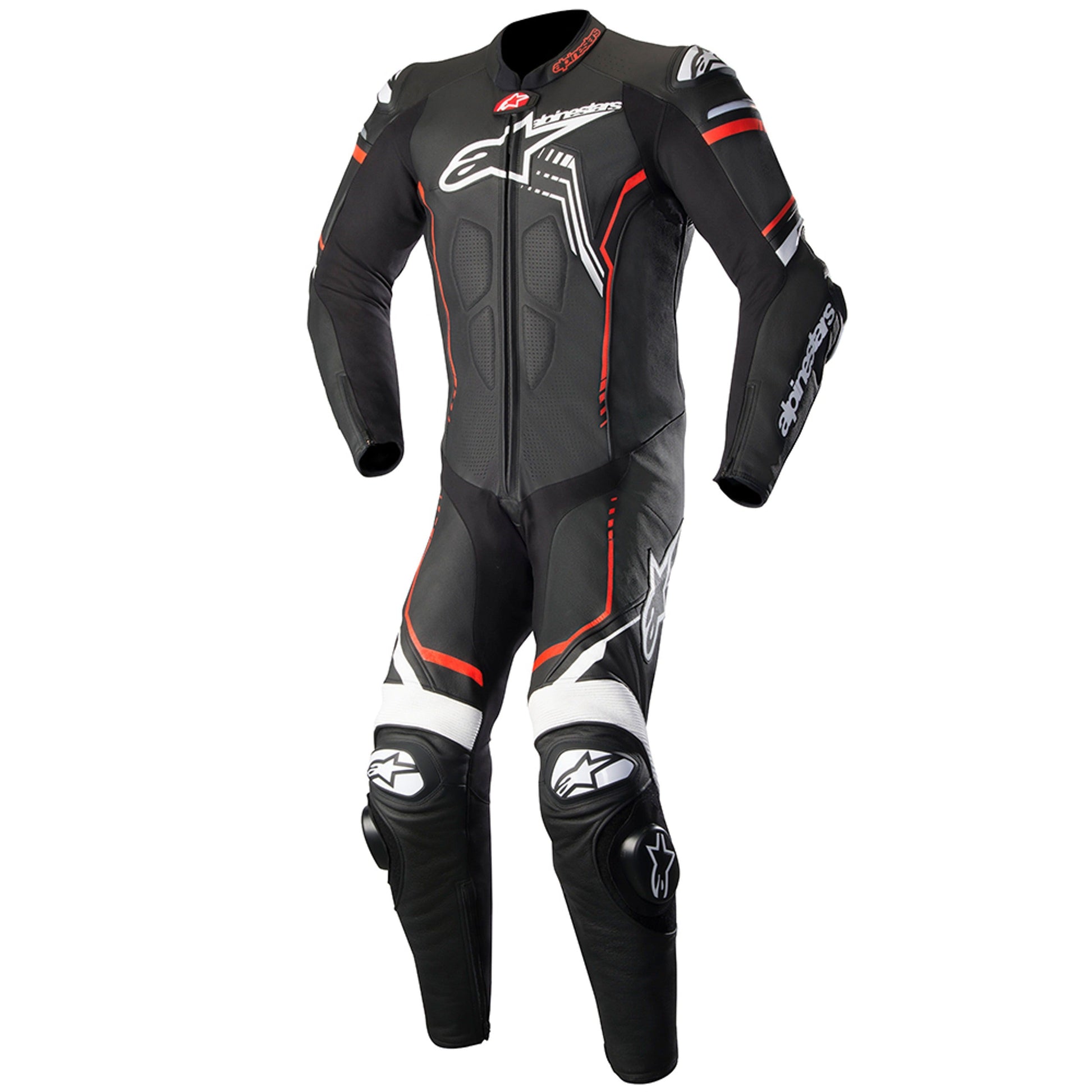MRS motorcycle racing suit alpinestars gp plus r v2 black leather one piece with red white accents and knee sliders