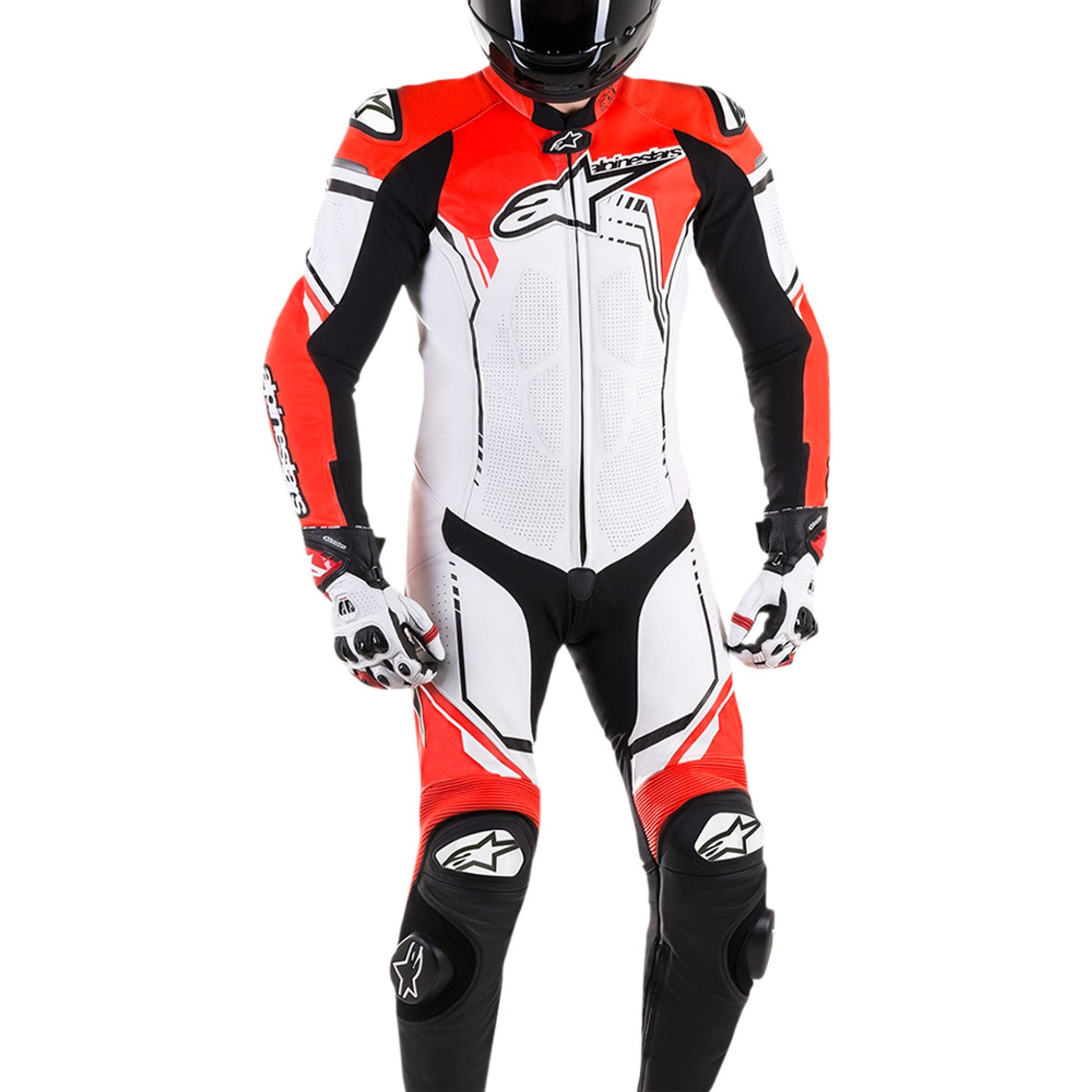 alpinestars gp plus r v2 MRS red white black one piece motorcycle racing suit front view with gloves helmet and knee sliders
