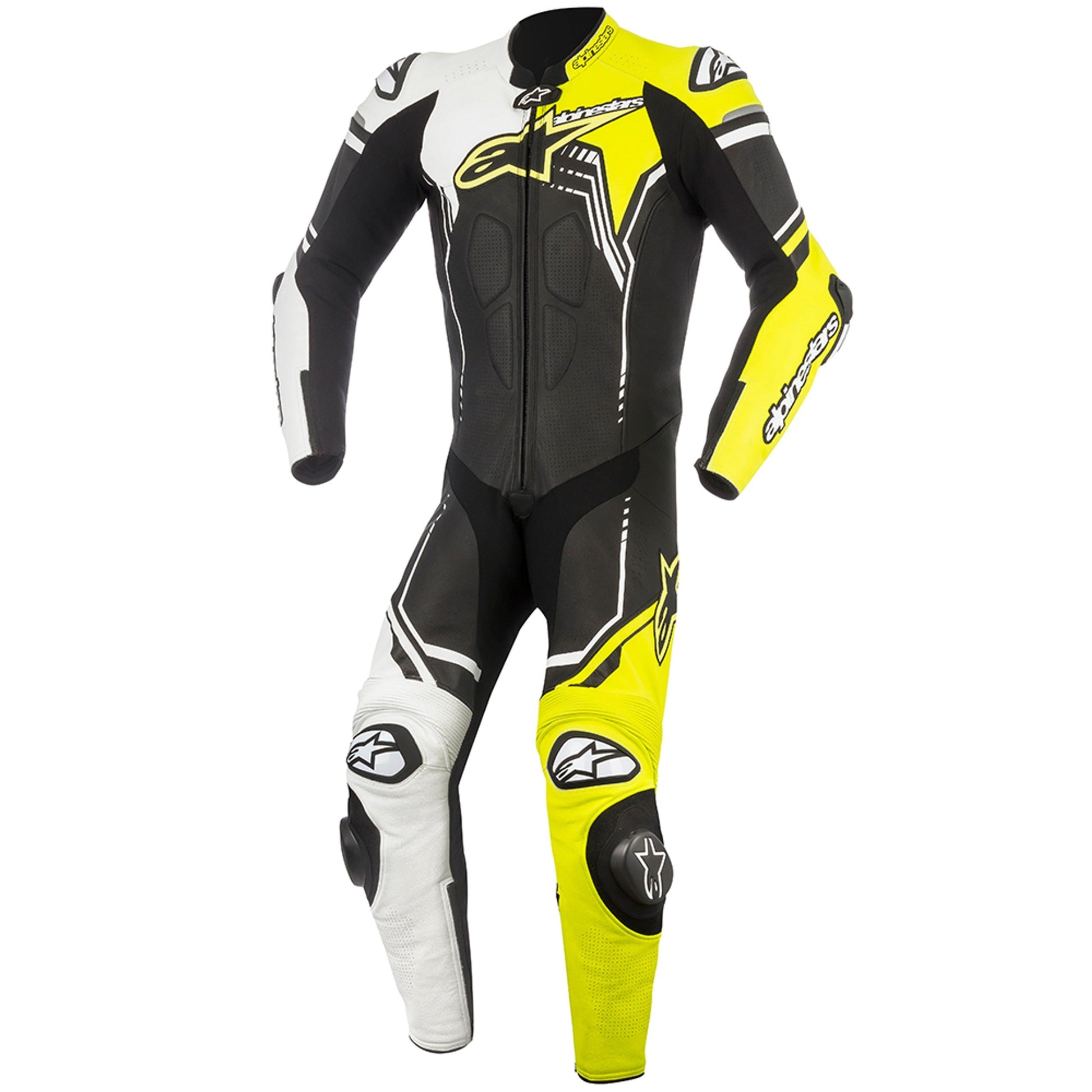MRS motorcycle racing suit black white yellow with reinforced chest and knee sliders sport fit alpinestars gp plus r v2