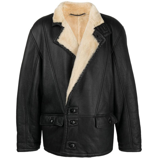 Mens 1980s Shearling-Trim Black Aviator Jacket