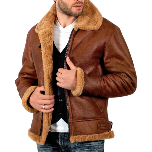 Men's Brown B3 Aviator Sheepskin WW2 Bomber Leather Pilot Jacket