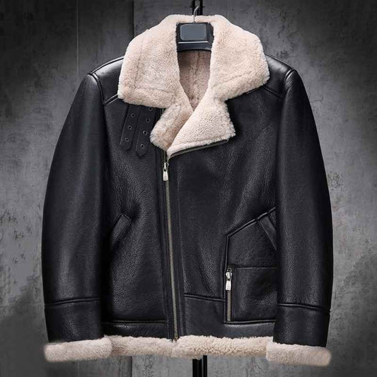 Mens Classic Black B3 Bomber Flight Shearling Sheepskin Leather Aviator Jacket
