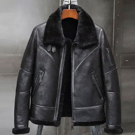 Mens Black Aviator Shearling Bomber Leather Jacket