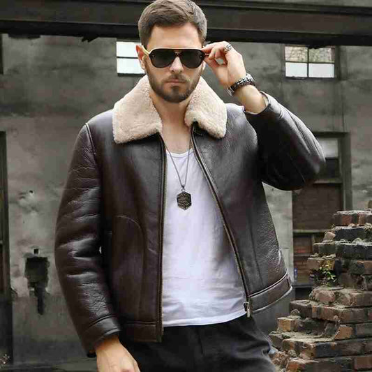 Men RAF B3 Bomber Shearling Sheepskin Retro Brown Leather Aviator Jacket