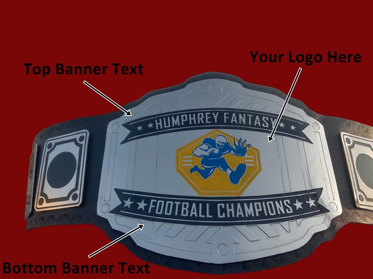 Fantasy Football Champion Belt - Customize Wrestling Belts Wrestling Customize BeltCustomize Wrestling BeltsBlack2mm BrassDesign 5Custom Name and Base Ball Player Logo Wrestling Championship Belt - Customize Wrestling BeltsWrestling Customize BeltCustomize Wrestling Belts