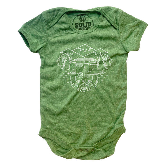 Baby Camp Site Retro Adventure Graphic One Piece | Cute Airstream Camper Romper | Solid Threads