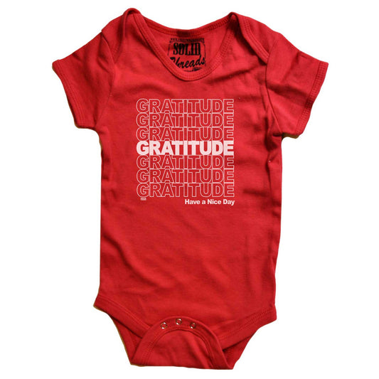 Baby Gratitude Retro Mindfulness Graphic One Piece | Cute Have a Nice Day Romper | Solid Threads