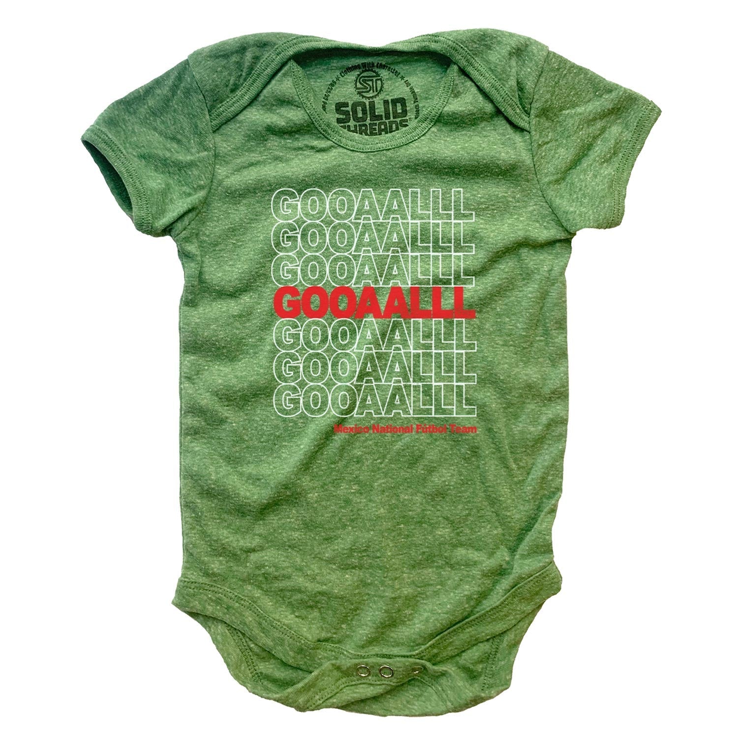 Baby Mexico Soccer Gooaalll Retro Graphic One Piece | Cool World Cup Football Romper | SOLID THREADS