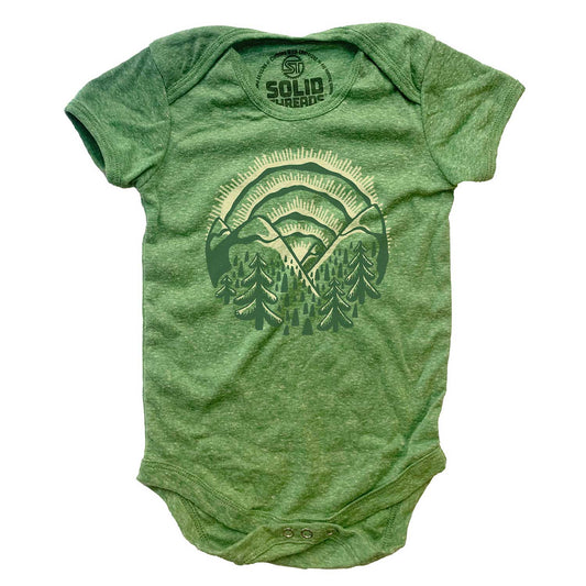 Cute Baby Sunset Retro Mountains Graphic One Piece | Cool Nature Hippie Baby Romper | Solid Threads