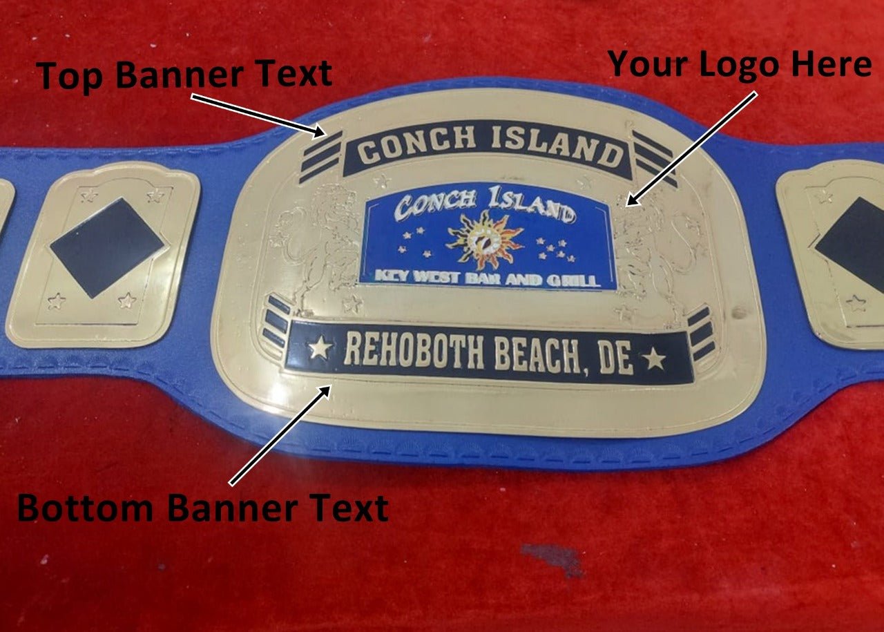 Custom Conch Island Logo Wrestling Championship Belt - Customize Wrestling Belts Wrestling Customize Beltposhleathers - 14b7Black2mm BrassCustom Name and Conch Island Sun Logo Wrestling Championship Belt - Customize Wrestling BeltsWrestling Customize Beltposhleathers - 14b7