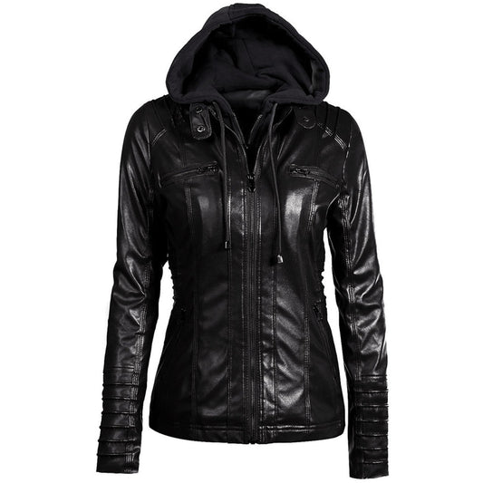 Women's Faux Leather Black Hooded Jacket