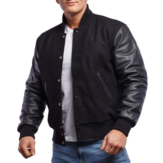 Black Wool Body and Black Leather Sleeves Letterman Jacket