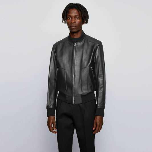 Men’s Black Leather Bomber Jacket