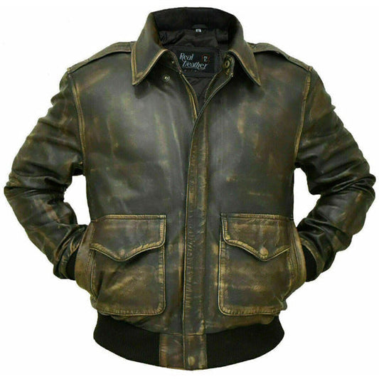 Mens Aviator A-2 Real Leather Vintage Distressed Bomber Flight Jacket