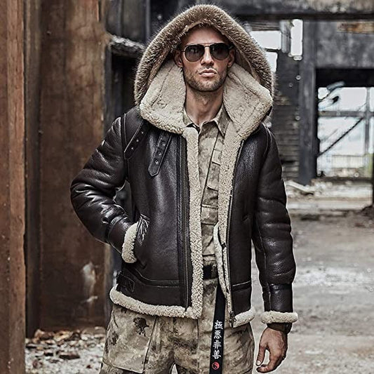 Men’s Sheepskin Shearling Jacket Detachable Hooded B3 Flight Jacket Raccoon Fur Collar Aviator Coat