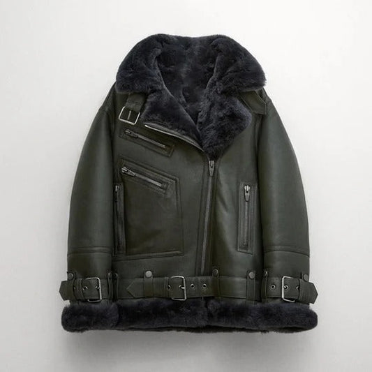 Green Women's Shearling Leather Jacket - RAF Aviator Style Jacket