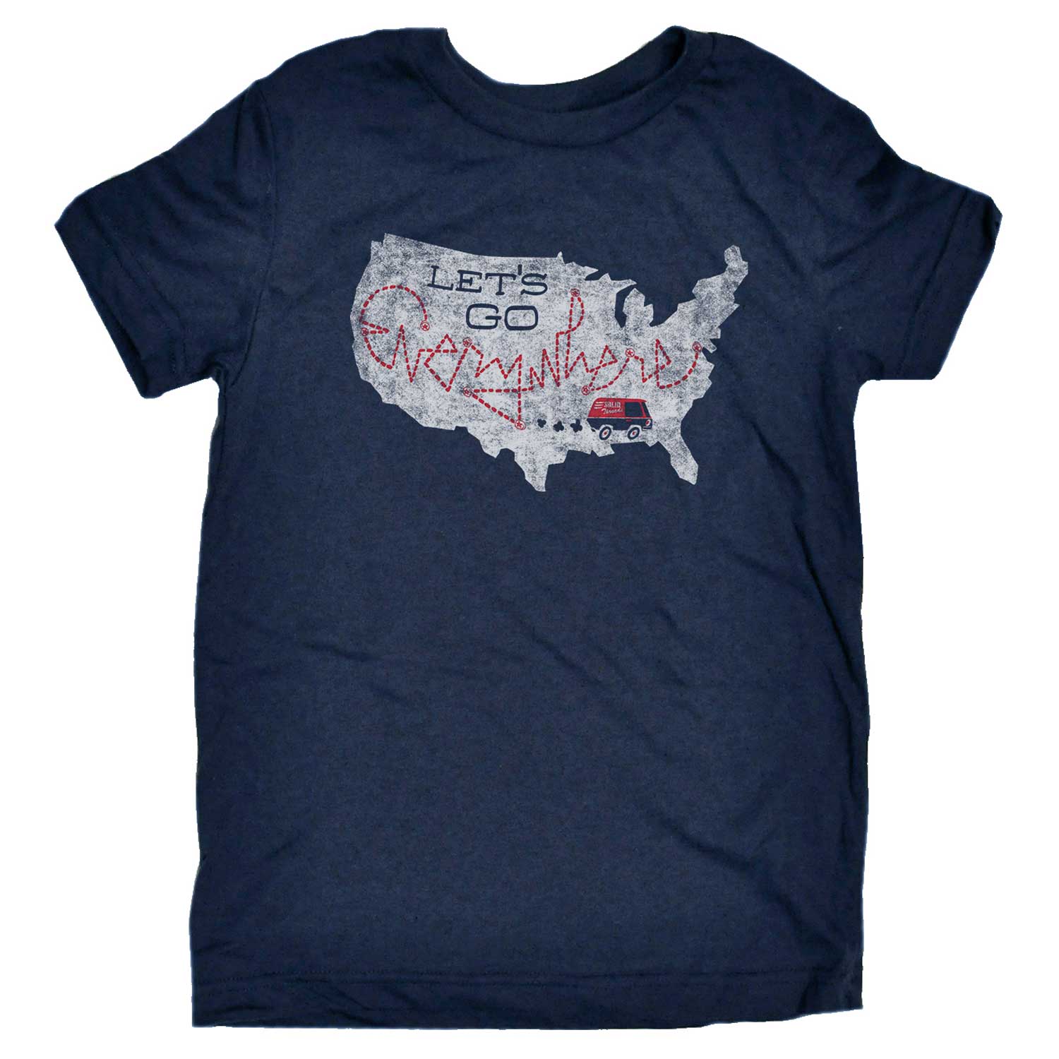 Cute Kid's Let's Go Everywhere Retro Road Trip Graphic Tee | Cool Traveling T-shirt | Solid Threads