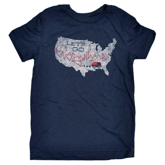 Cute Kid's Let's Go Everywhere Retro Road Trip Graphic Tee | Cool Traveling T-shirt | Solid Threads