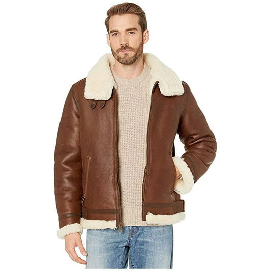 Men's Brown Shearling Trim Genuine Leather Aviator Jacket