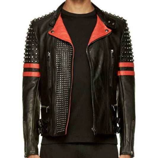 Mens Designer Black And Red Studded Rider Leather Jacket
