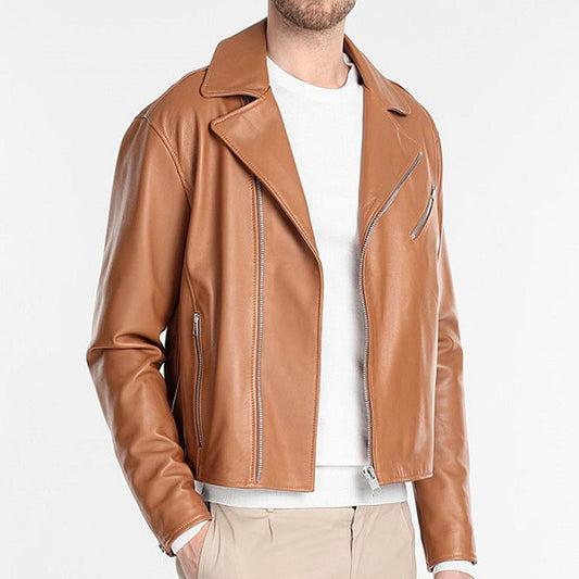 Men Tan Brown Biker Leather Jacket