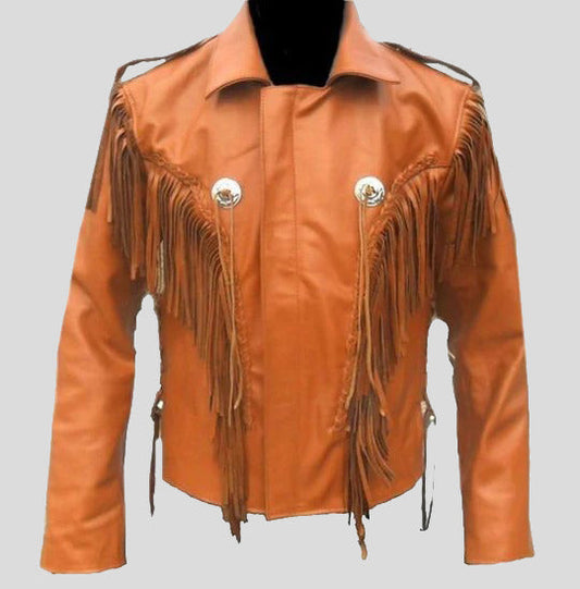 Men Tan Western Style Leather Jacket - Cowboy Fringe