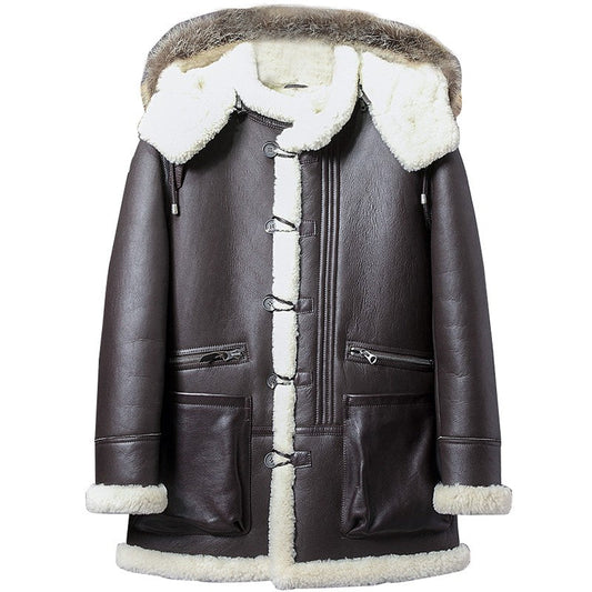 Men's Sheepskin Shearling Parka Coat with Detachable Hood