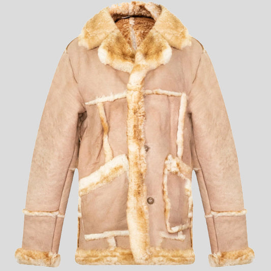 Mens Beige Vintage Sheepskin Overcoat