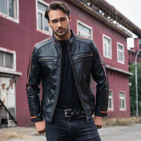 Men's Black Lambskin Cafe Racer Retro Slim Fit Biker Leather Motorcycle Jacket