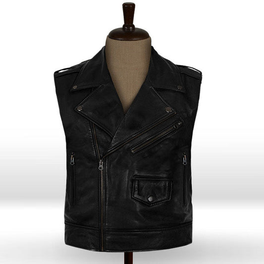Mens Classic Black Leather Motorcycle Biker Vest