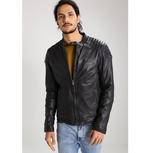 Mens Black Leather Perforated Biker Jacket