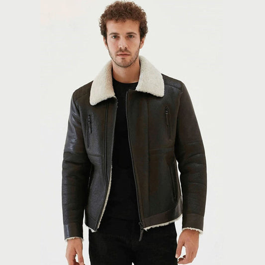 Men’s Black Leather White Shearling Collar Jacket
