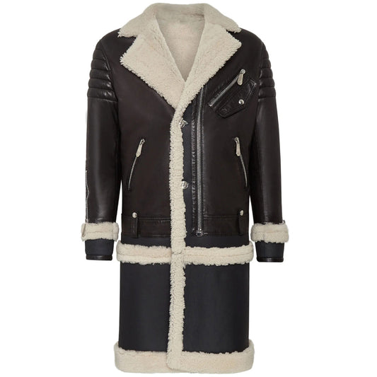 Mens Black Leather Sheepskin Fur Long Coat
