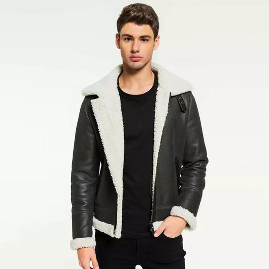Men’s Black Leather White Shearling Jacket