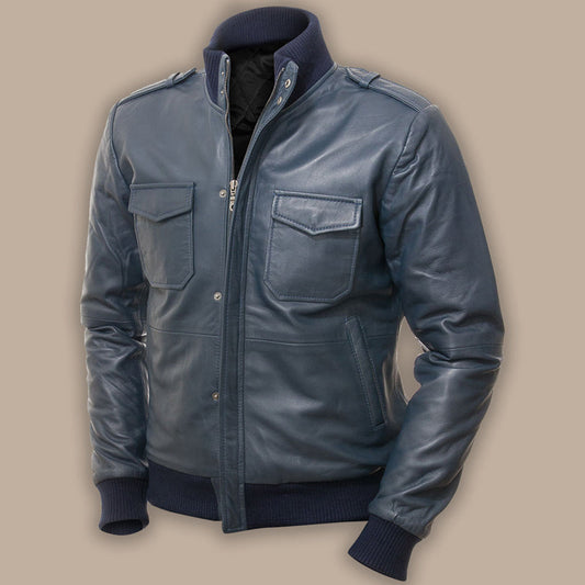 Mens Blue Bomber Leather Jacket