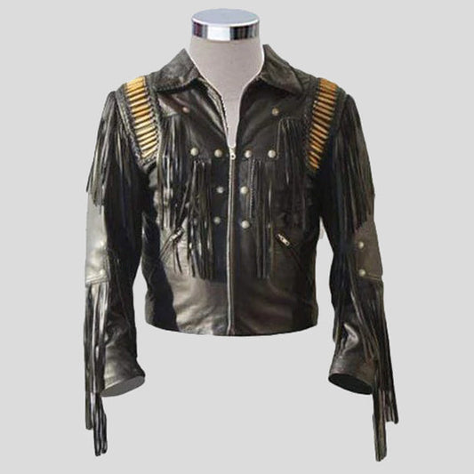 Men's Bluish Black Leather Western Cowboy Jacket - Fringe Bones