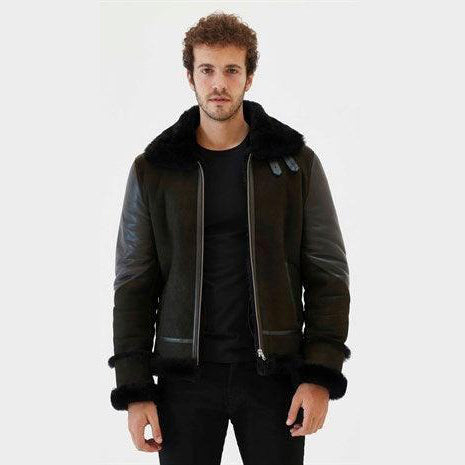 Men's Dark Green & Black Aviator Shearling Jacket