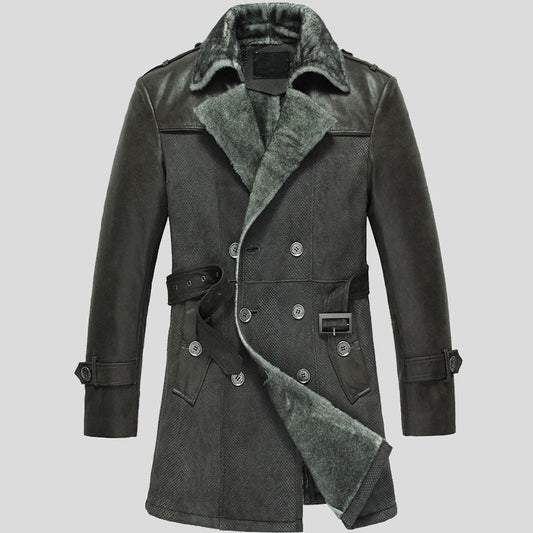 Mens Classics Double Breasted Shearling Sheepskin Leather Pea Coats
