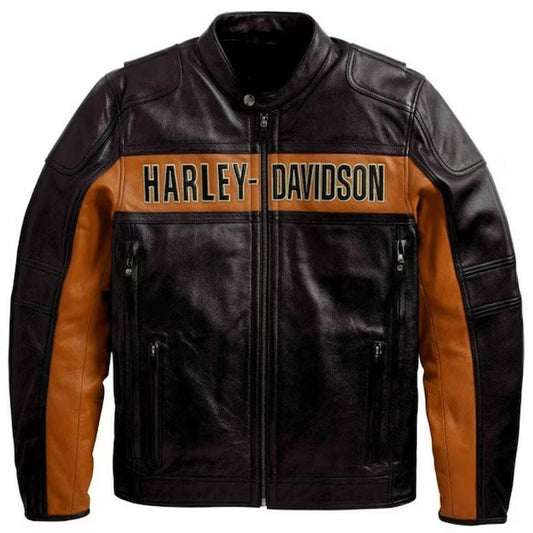 Men's Harley Davidson Classic Black & Orange Biker Leather Jacket