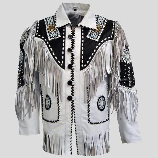 Men's White Black Suede Fringe Jacket - Stylish Cow Hide