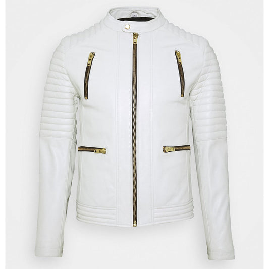 Mens White Leather Biker Jacket