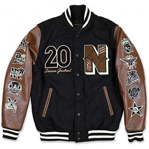Men's Wool Varsity Baseball Jacket with Faux Leather Sleeves and Patchwork Embroidery