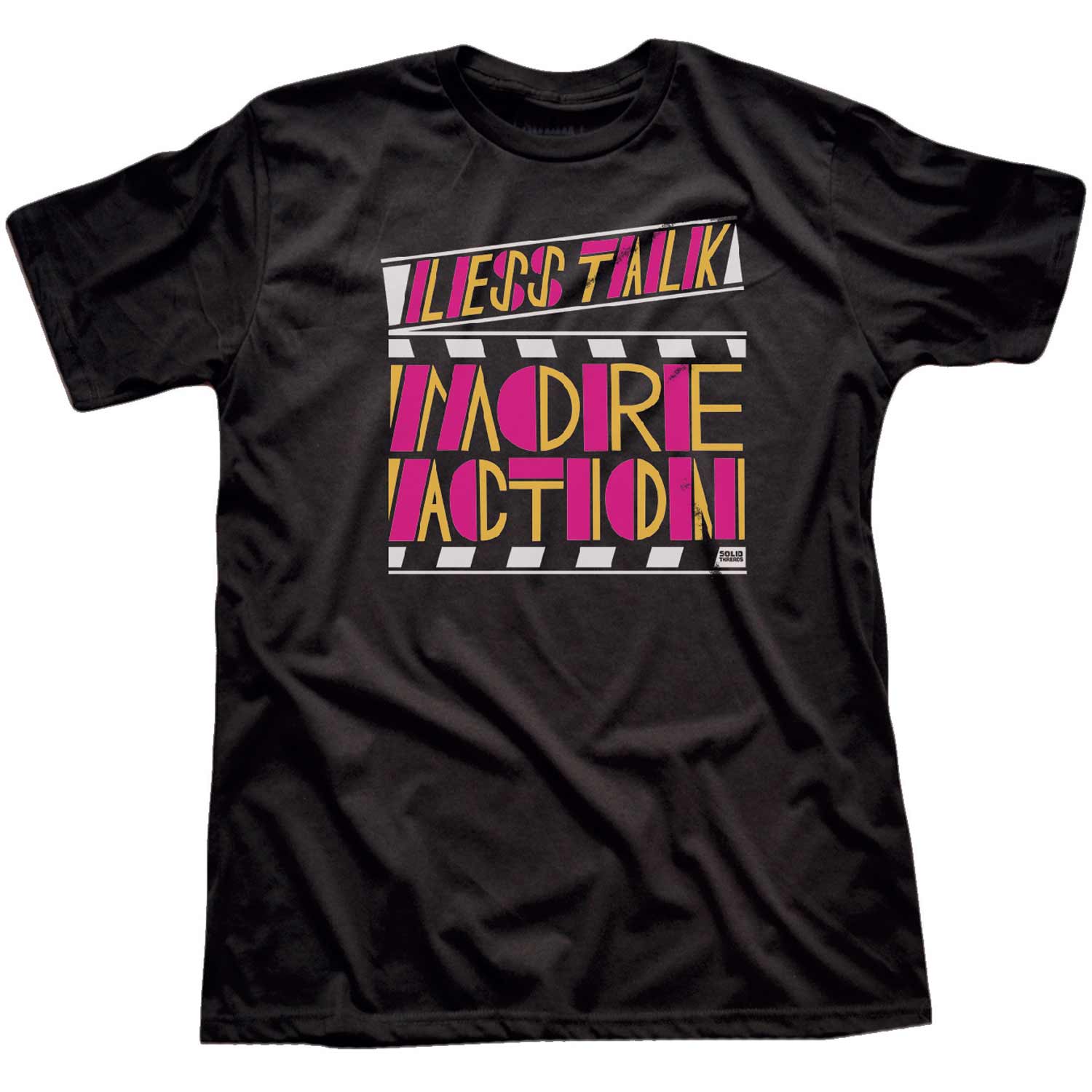 Men's Less Talk More Action Cool Clap Board Graphic T-Shirt | Vintage Movie Buff Tee | Solid Threads